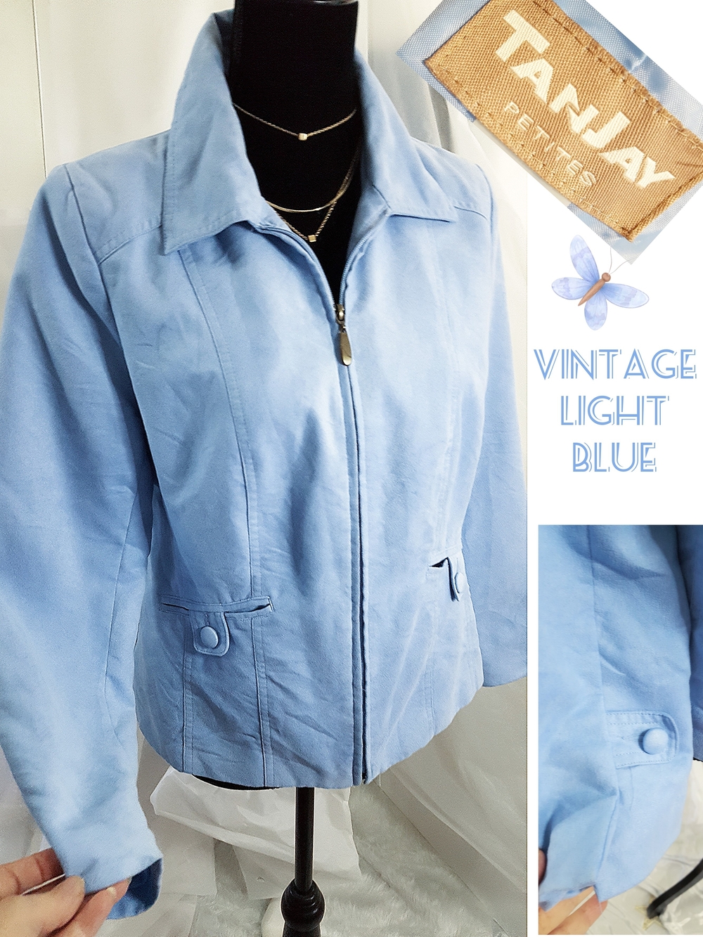 TanJay Vintage Light Blue Faux Suede Zip-Front Blazer Jacket - Picture 3 of 13